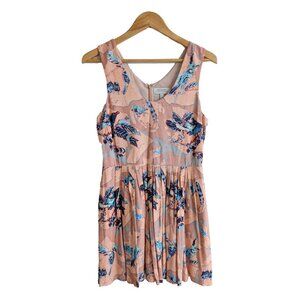 Pink dress with abstract floral print, "Zoologist" brand from Anthropologie